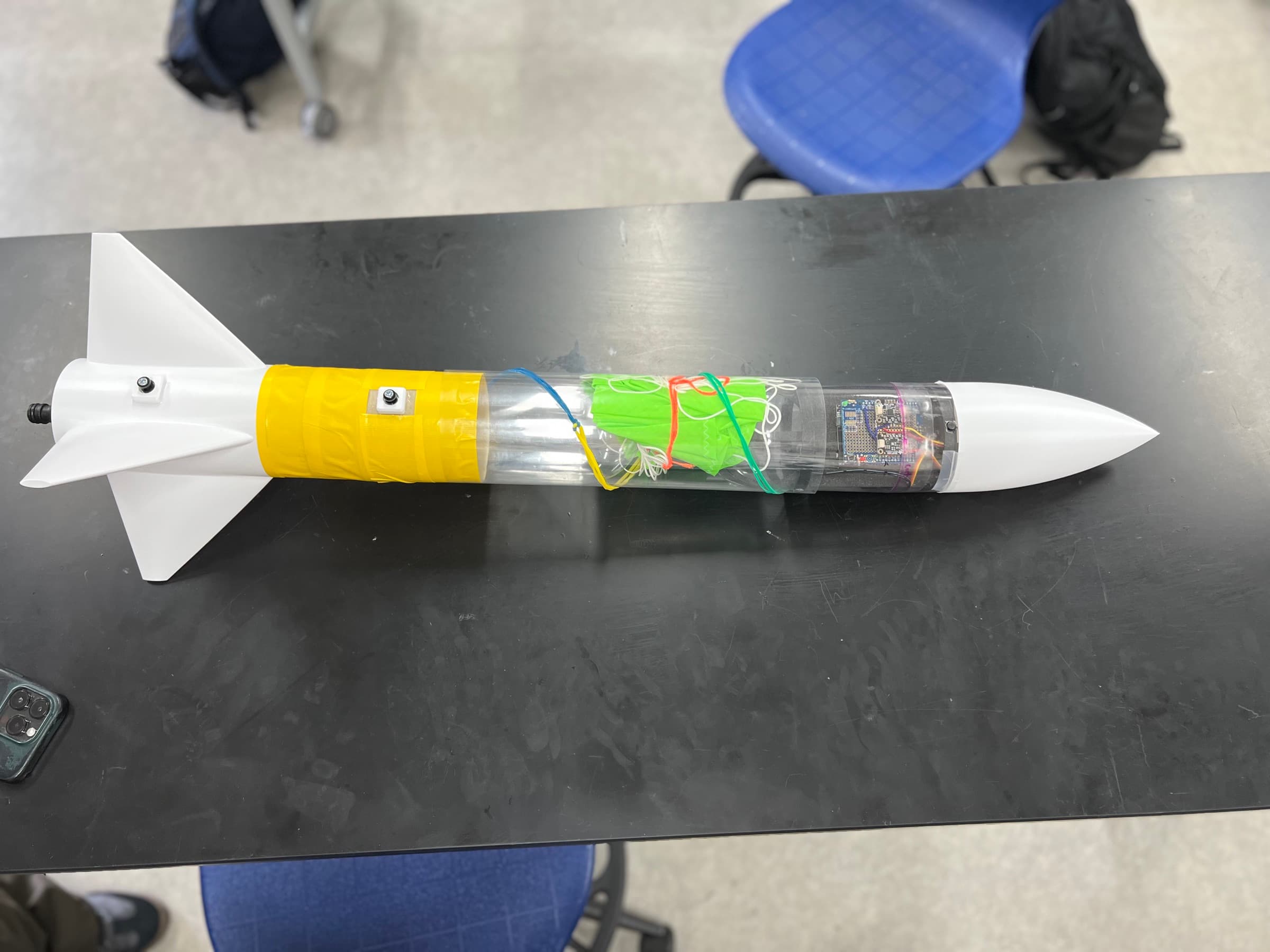 Assembled water rocket with 3D-printed fins and nose cone
