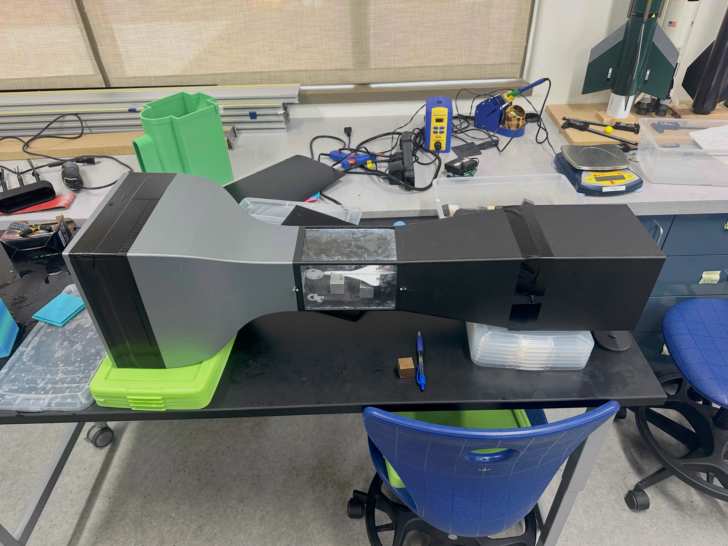 Assembled wind tunnel on a lab bench, viewed from above